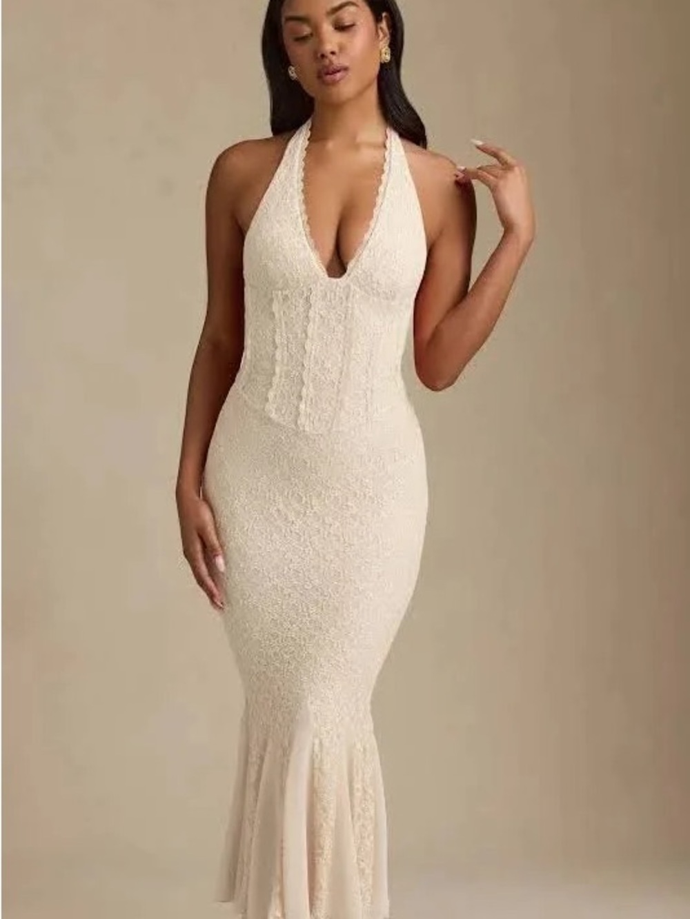Oh Polly Cream Halter V-Neck Lace Maxi Dress